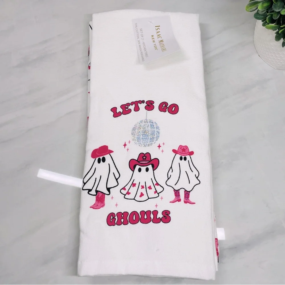 Isaac Mizrahi New York Let's Go Ghouls Pink Cowboy Ghost Kitchen Towels Set of 2